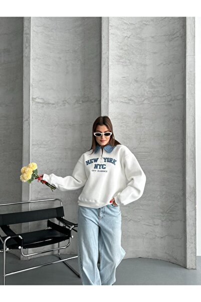 DUAS & CO KADIN DENİM YAKA OVERSİZE SWEATSHİRT