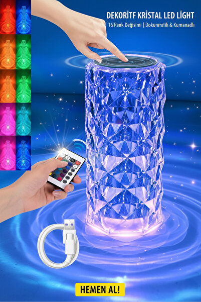 EVİMDM Dokunmatik Kristal LED Lamba – 16 Renk Değişimi, Kumandalı & USB Şarjl...