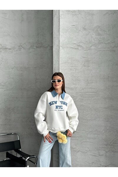 DUAS & CO KADIN DENİM YAKA OVERSİZE SWEATSHİRT