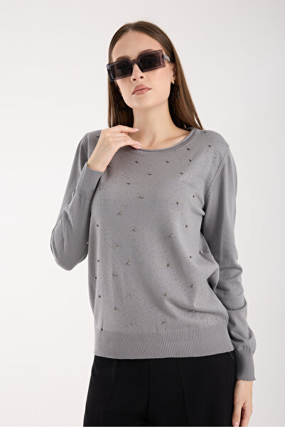 Moda Days Women's Gray Elite Viscose Fabric Stone and Pearl Detailed Notched Collar Knitwear Blouse
