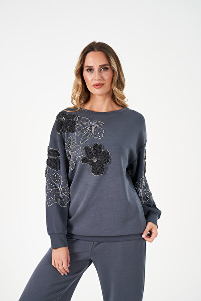 MİA NOURA Women's Front and Sleeves Beaded Embroidered Sweatshirt Set