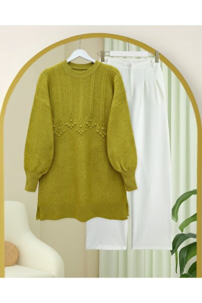 Modamorfo Round Neck Soft Knit Tunic with Ribbon and Pom-Pom Detail - Oil Green
