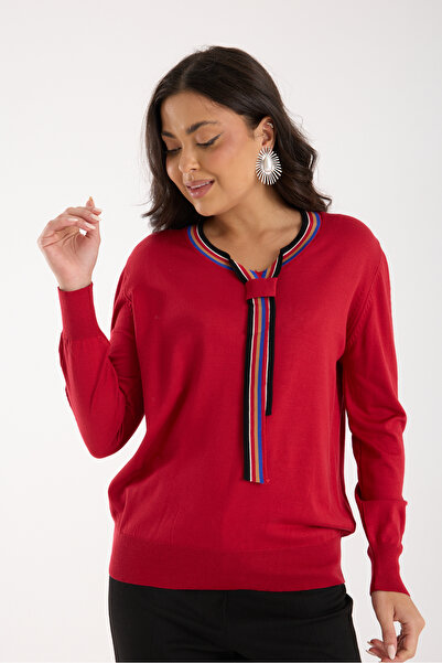 Moda Days Women's Red Elite Viscose Fabric Contrast Stripe Crew Neck Knitwear Blouse