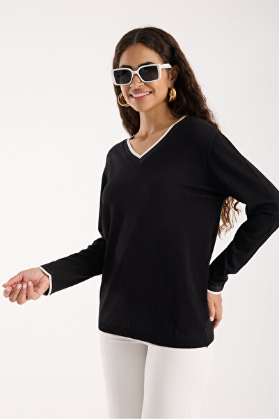 Clothes Fast Women's Black Elite Viscose Fabric Contrast Glitter Trim V-Neck Knitwear Blouse