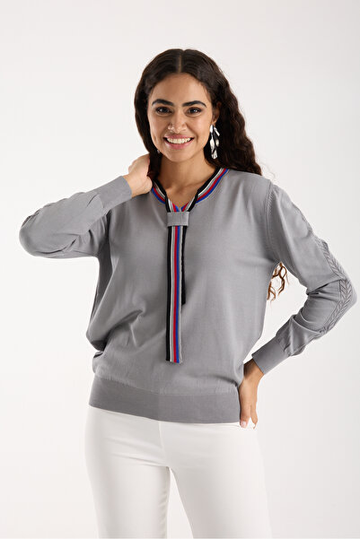 Moda Days Women's Gray Elite Viscose Fabric Contrast Stripe Crew Neck Knitwear Blouse