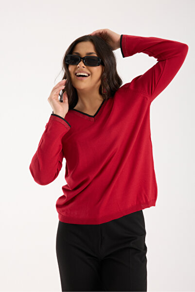 Moda Days Women's Red Elite Viscose Fabric Contrast Glitter Trim V-Neck Knit Blouse