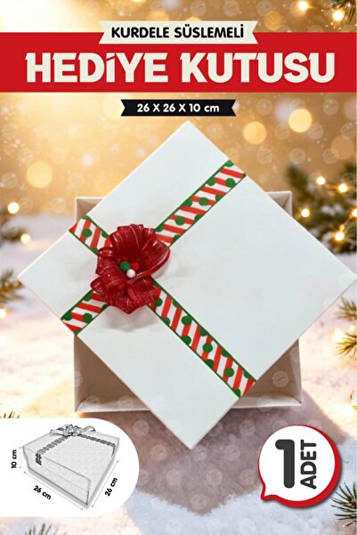 t tuğset etiket Yılbaşı Temalı Kurdele Süslemeli Beyaz 25x25x10 cm Boş Hediye...