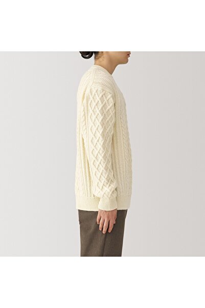 Muji Andes Wool Cable Stitch Crew Neck Long Sleeves Sweater