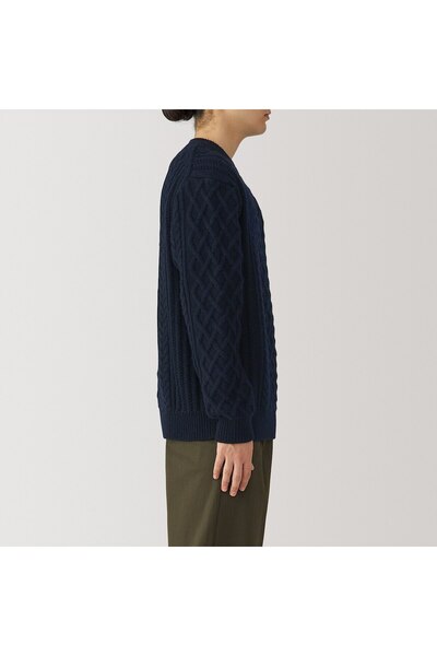 Muji Andes Wool Cable Stitch Crew Neck Long Sleeves Sweater