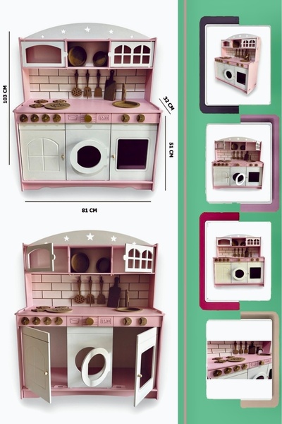 Buradadavar Hobi Ahşap Boyalı Pembe Ahşap Oyuncak Mutfak (Tabak ve Spatula Se...
