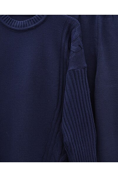 Modamorfo Knitted Patterned Long Back Knitwear Set - Navy