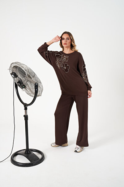 MİA NOURA Women's Front and Sleeves Beaded Embroidered Sweatshirt Set