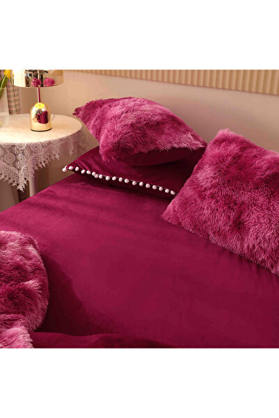 JOJO HOME Cocolino Super Fluffy Bedding Set, Fluffy Model, 6 Pieces, Double Bed, Burgundy Multicolor