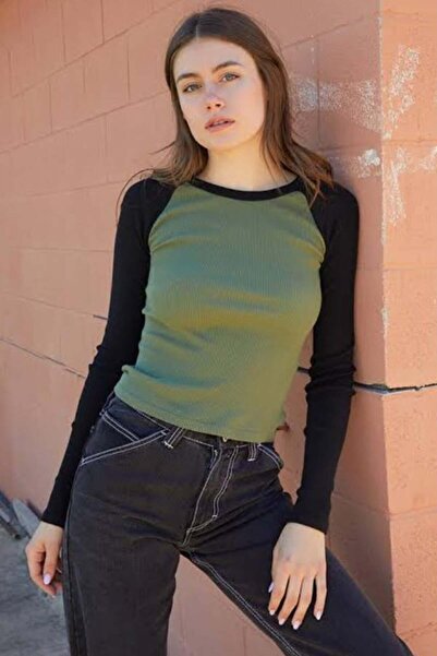 Köstebek Siyah Raglan Uzun Kollu Yeşil Body Sweatshirt