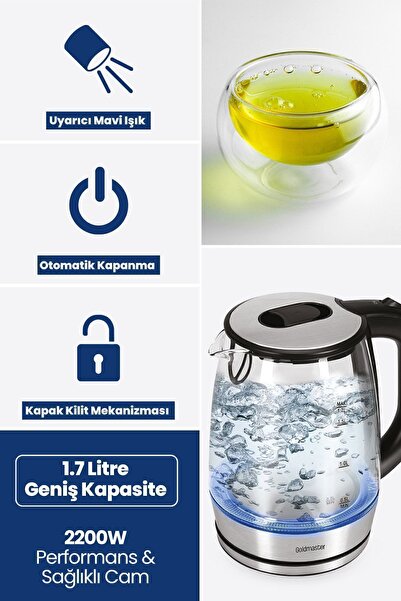 GOLDMASTER 2200 Watt İnox Paslanmaz Çelik 1.7 Litre Işıklı Cam Kettle Su Isıtıcı