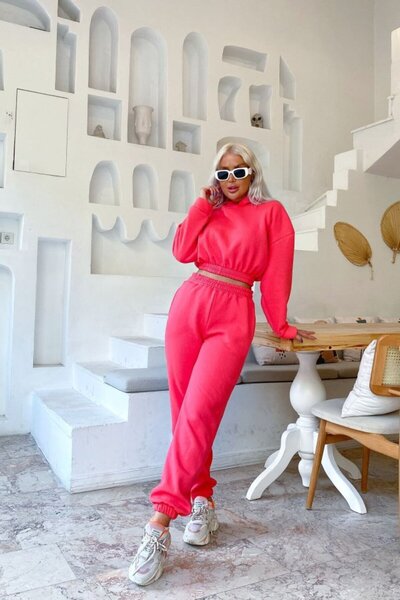 Modayakamoz Women's Long Sleeve Hooded Waist Elastic Detail Sweat and High Waist Ankle Elastic Pants Three Gusset K