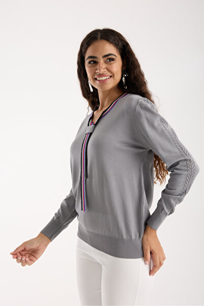 Moda Days Women's Gray Elite Viscose Fabric Contrast Stripe Crew Neck Knitwear Blouse