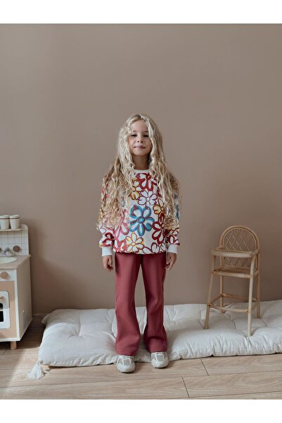 Patriko Girls' Flower Printed 3-Ply Fleece New Season Wide-Leg Bottom and Top Set