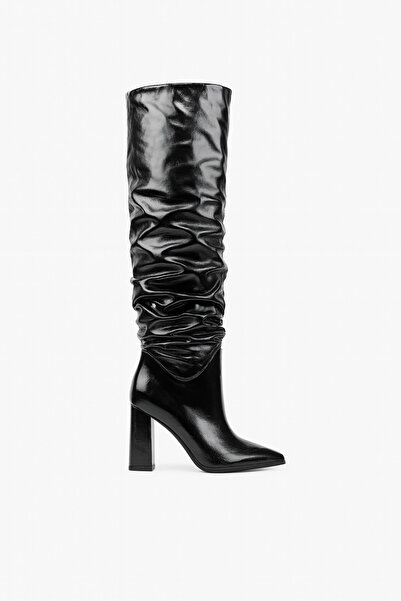 Giydim Gidiyor Glamour Shine Diz Üstü Kalın Topuklu Çizme Siyah