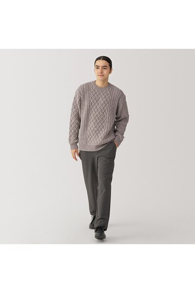 Muji Andes Wool Cable Stitch Crew Neck Long Sleeves Sweater