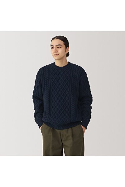 Muji Andes Wool Cable Stitch Crew Neck Long Sleeves Sweater