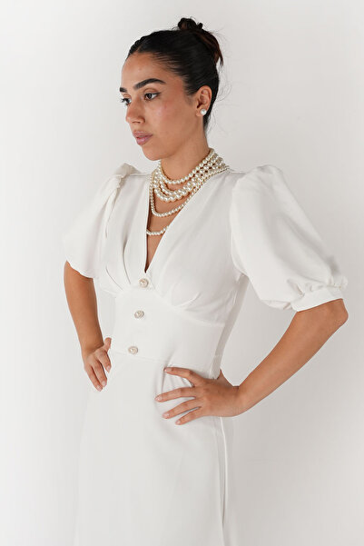 ZISHAN Beyaz V Yaka Puf Kol Midi Boy Kadın Elbisesi - Düğme Detaylı Şık Davet Elbisesi 153