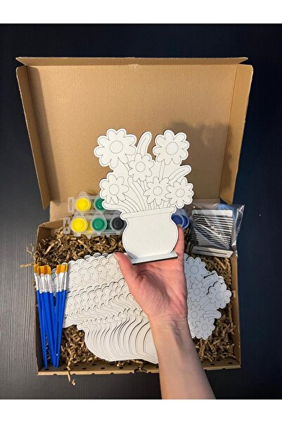 WoodStory Ahşap Boyama Oyuncak Seti – 20’li Çiçek Figürü + 10 Akrilik Boya + ...