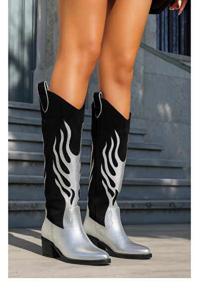 Giydim Gidiyor Fire Hakiki Deri Kovboy Çizme Gümüş