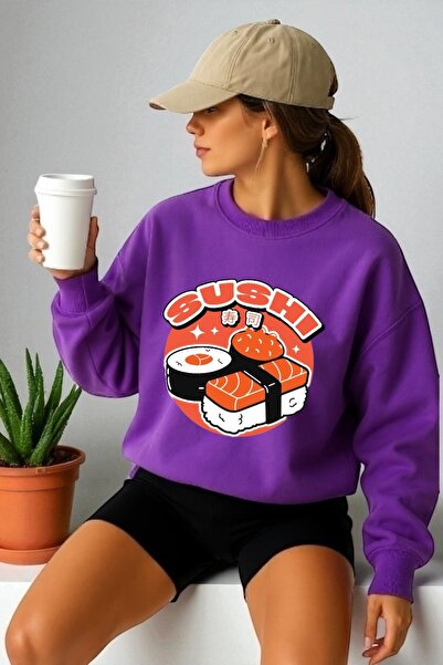 ArtYus Mânecă lungă unisex Sushi Transfer cu imprimeu guler rotund piese Swea...