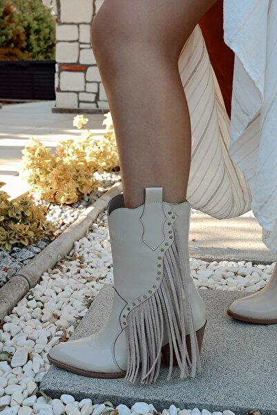 POLKA STORE Γυναικείες καουμπόικες μπότες Western με λεπτομέρεια με φούντα και κοντό καφέ χρώμα