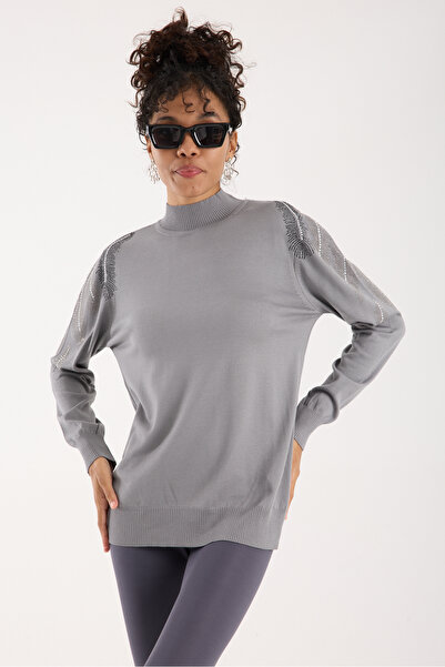 Moda Days Women's Gray Elite Viscose Fabric Stone Detailed Shoulder Half Turtleneck Knitwear Blouse