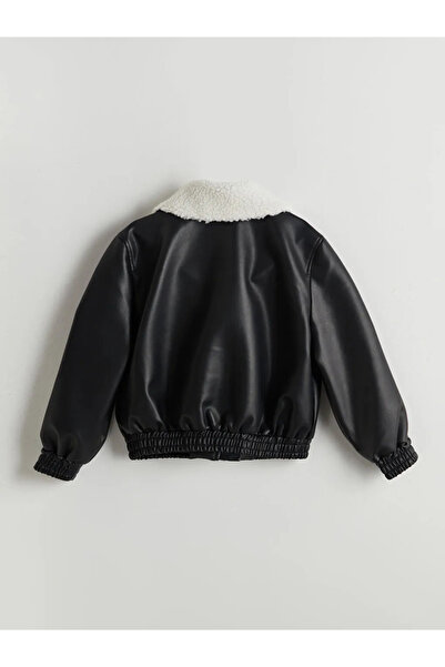 LC Waikiki Lcw Kids Black Fur Collar Leather Look Girls' Coat