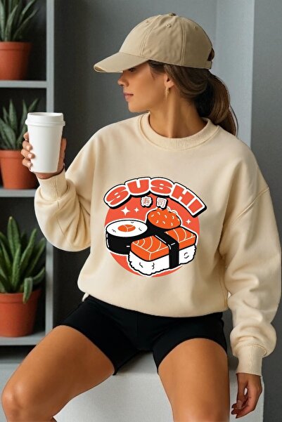 ArtYus Mânecă lungă unisex Sushi Transfer cu imprimeu guler rotund piese Swea...