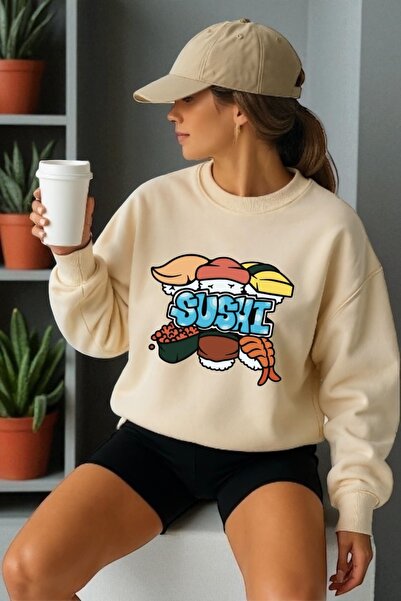 ArtYus Mânecă lungă unisex Sushi Transfer cu imprimeu guler rotund piese Swea...