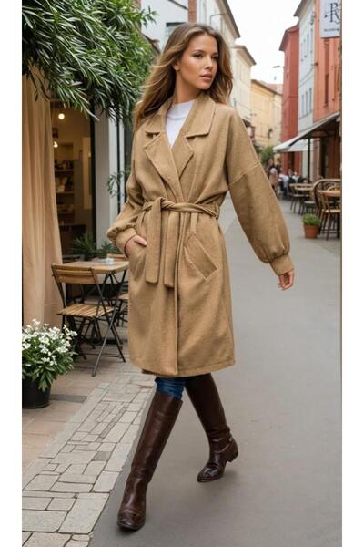 Pasaklı Giyim Women's Camel Midi Cashmere Coat – Balloon Sleeves, Pockets, Be...