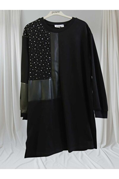 Puane Women's Tunic with Leather Trim on the Sleeves and Front and Stone Detailing