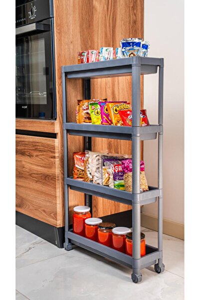 Minty Life Tekerlekli Vesken Raf Ünitesi 4 Katlı Banyo Rafı Mutfak Rafı Organizer (GRİ-ANTRASİT)