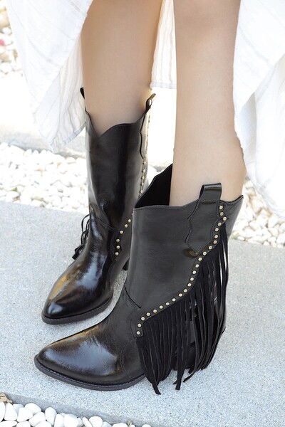 POLKA STORE Deep Tassel Detailed Trock Short Bitter Brown Western Women's Cowboy Boots