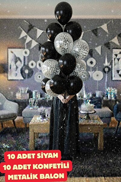 Baloncu Nene Siyah Balon ve Gümüş Konfetili 20 Adet Balon Siyah Balon Parti D...