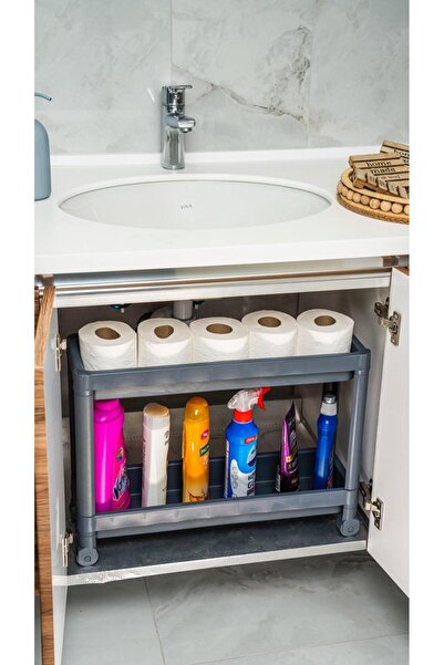 Minty Life Tekerlekli Vesken 2 Katlı Lavabo Altı Mutfak Banyo Düzenleyici Raf Ünitesi (GRİ-ANTRASİT)