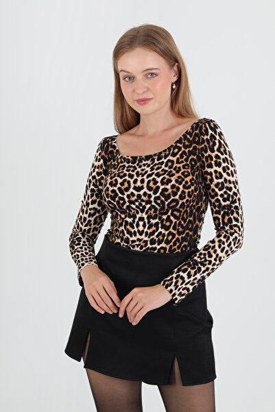 GIANT BASIC Kayık yaka uzun kollu leopar desenli Bluz/body/top