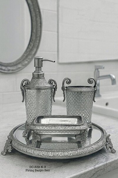 Hinora طقم حمام نحاسي مع صينية مرآة ذات تصميم كريستالي أنيق، 4 قطع