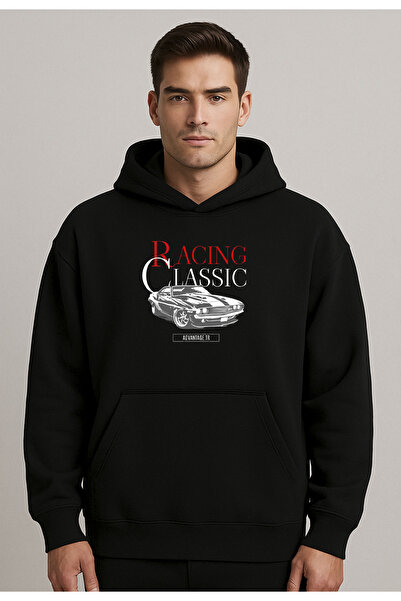 Racıng Hanorac cu glugă oversize negru cu imprimeu clasic