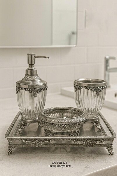Hinora Brass Bathroom Set with Crystal Stylish Motif Mirrored Square Tray 4 P...