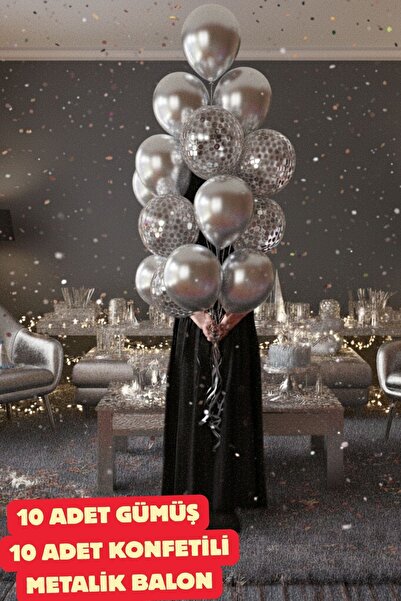 Baloncu Nene Gümüş Balon ve Gümüş Konfetili 20 Adet Balon Gümüş Balon Parti D...