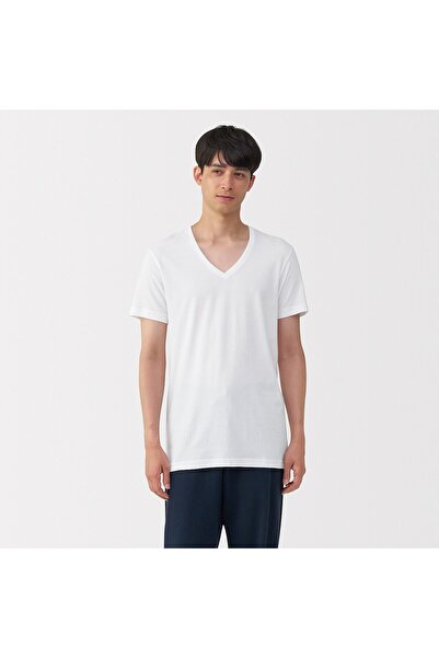 Muji تي شيرت قطني بدون درزات جانبية ورقبة على شكل حرف V وأكمام قصيرة