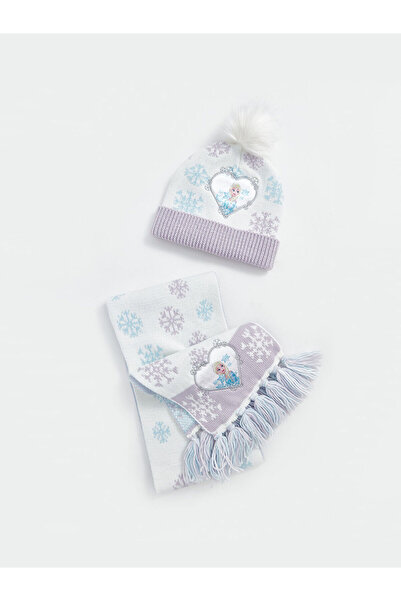 LC Waikiki White Frozen Embroidered Girl's Scarf and Beanie Set