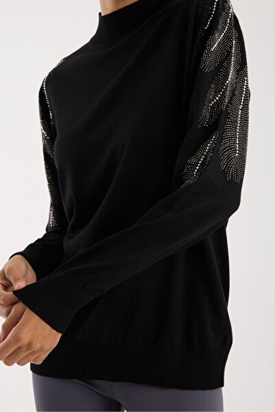 Clothes Fast Women's Black Elite Viscose Fabric Stone Detailed Shoulders Half Turtleneck Knitwear Blouse