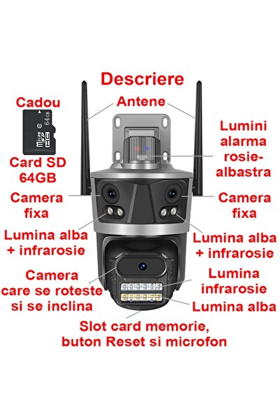 OptimStar Cameră de supraveghere, IP WIFI, 8MP, 3 camere, card de 64GB, Ultra HD 4K, urmărire automată, exterior