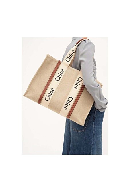 CHLOE LARGE WOODY TOTE BAG IN LINEN